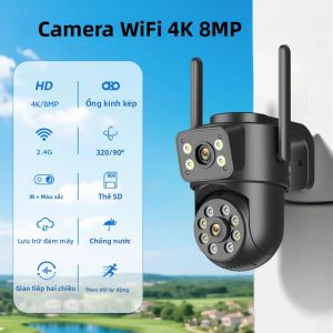 Camera An Ninh Wifi ICSEE 8MP 4K Camera Kép Màn Hình Kép Giám Sát Ngoài Trời Với Tầm Nhìn Ban Đêm Phát Hiện Chuyển Động Người 7/24 Chống Nước