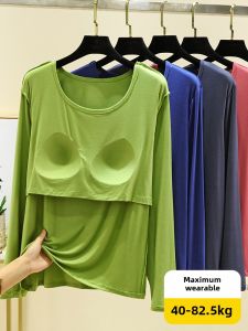 Modal Chest Pad Long Sleeves T-Shirt Womens Autumn Thin Inner Match Plus Size Tops Loose Wear-Free Bra Bottoming Shirt