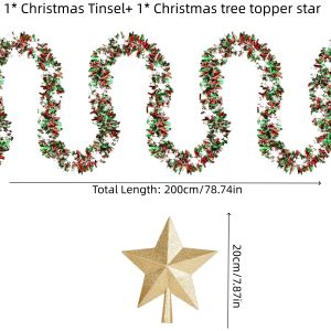 2pcs/set Christmas Tree Topper Star with Snowflake Tinsel Garland Set Glitter Star Tree Top Ornament Xmas Home Party Decoration