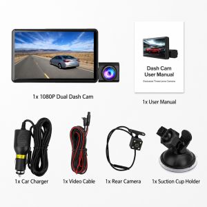 3 Channel Dash Cam 1080P Full HD Car DVR Front Rear Inside Camera Wide Angle Driving Recorder Motion Detection Loop Recording