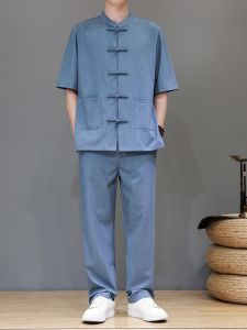 JIARONG | Bộ Áo Dài Nam Mùa Hè Chất Liệu Mát Mandarin Collar
