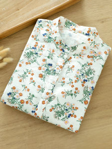Lorna Cat Pure Cotton Long Sleeve Shirt for Women French Style with Stand Collar Floral Pattern Soft Skin Friendly