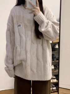 Korean Style Cable Stitch round Neck Sweater Womens Autumn and Winter Milk Fufu Loose Outer Wear Idle Style Soft Glutinous Thickened Knitting Tops