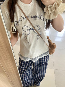 Summer White Grey Butterfly Knot Print Short Sleeve Womens T-shirt Slim Fit Lace Trim American Style Short Top