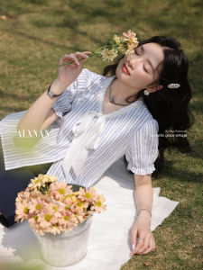 Áo Sơ Mi Kẻ Sọc Tay Ngắn Mùa Hè Thiết Kế Mới Của Nữ Áo Sơ Mi Cổ Chữ V Dáng Rộng Thường Ngày Bằng Vải Cotton Pha Trộn