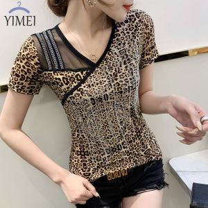 YIMEI Áo Màu Xanh Dương Áo Cotton Cổ Chữ V Gợi Cảm Tay Ngắn Mới Mùa Hè 2023 Áo Thun Kim Cương Nghệ Thuật Chữ Công Nghiệp Nặng Đa Năng Thiết Kế Cho Nữ