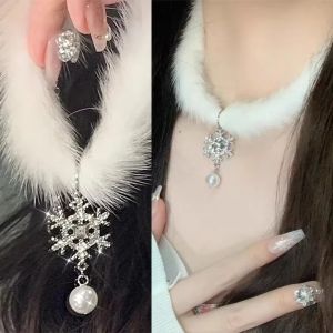 Korean Elegant White Black Feather Plush Snowflake Choker for Women Girls Crystal Pearl Tassel Necklace Collar Wedding Party Jewelry