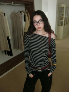 Retro American Shoulder Bared Striped Long Sleeve T Shirt Womens Slim Fit Waist Cinched Pleated Spicy Top Trendy Spring Autumn