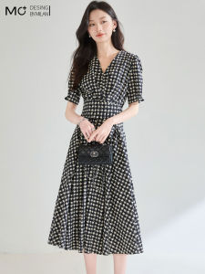 Mo | Summer 2025 French Style Luxury Black White Plaid V-neck Back-tied Waist Slimming A-line Midi Dress Elegant Commute Cotton Dress