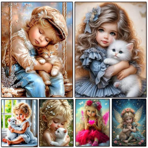 Acrylic Paint By Numbers Girl Boy and Cat Painting By Numbers on Canvas Coloring By Number for Adults Paint Digital Art