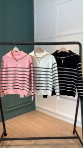 BL20746 Heesoo Striped Zip Knit Sweater Blouse