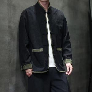 New Spring 2025 Loose Mens Chinese Style Jacket Collarless Button Decorated Long Sleeve Casual Pure Color Crossover Color Shirt