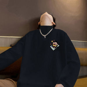 เสื้อยืดคอกลมแขนยาวบุขนแกะหนาสำหรับผู้ชาย เสื้อเชิ้ตฤดูหนาวแบบหลวมๆ อบอุ่น เสื้อผ้าแฟชั่น เสื้อผ้าผู้ชาย