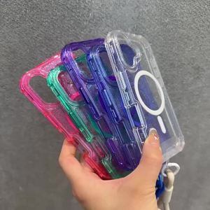 3in1 Bumper Transparent Magnetic For Magsafe Lanyard Wrist Strap Case For iPhone 15 11 12 13 14 16 Pro Max Plus Hard Armor Cover