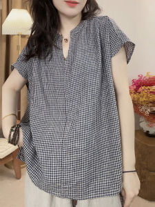 UYFY | Áo Sơ Mi Cổ V Tay Ngắn Họa Tiết Caro Vintage Thời Trang Cho Nữ Đi Làm