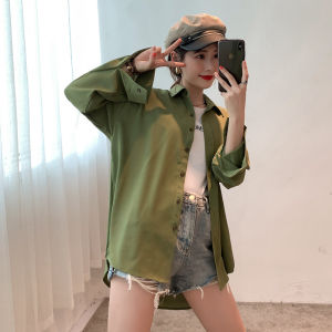 Green Long Sleeve Shirt Womens Fashion Design Summer Sun Protection Early Autumn Open Cardigan Outerwear Korean Style POLO Collar