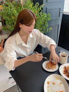 White Casual Loose Long Sleeve Womens Shirt Spring 2025 New Style Commute Korean Version Cotton 100% Button Detail Polo Collar