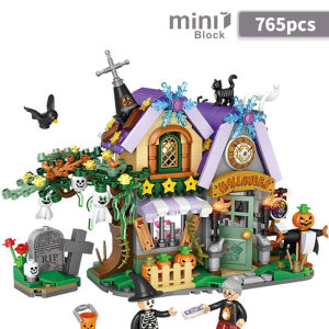 Bandai | New Street View Halloween Pumpkin Cart Shop Store House Building Blocks Kit Travel Toy Girls Kids Bricks Model Children