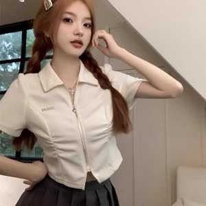 plus Size Zipper Polo Neck Short Sleeve T-Shirt Women Summer Sweet And Spicy Design Belly Covering Slimming Short Top