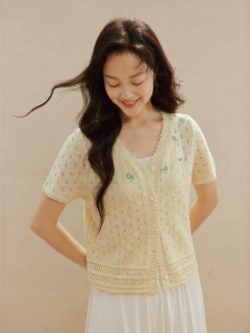 INMAN | French V-Neck Lace Textured Embroidered Knitwear Short Sleeve Summer Top