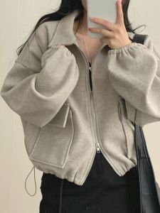 เสื้อแจ็คเก็ตคาร์ดิแกนเปิดสไตล์เกาหลีสำหรับผู้หญิง ทรงหลวม ทรงบาง กระเป๋าคู่ คอปกสูง ซิป เสื้อแจ็คเก็ตแบบมีฮู้ด
