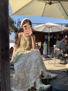 งานเกี่ยวลูกไม้ย้อนยุคกลวงออกครึ่ง กระโปรง ผู้หญิง สูง เอว พรางหุ่น ทรงเอ ยาวที่ไม่ซ้ําใคร เดรส ฤดูร้อน ผ้าฝ้าย แขนกุด Crewneck