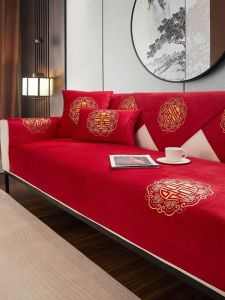 Red Wedding Sofa Cover All-Match Seasonal Non-Slip Velvet Cushion Universal Type Chinese Style Sofa Pad with Festive Pattern