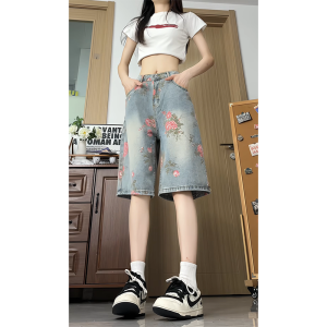 High Waist Denim Shorts Womens Summer Outdoor Wear Sports Loose Wide Leg Five-Quarter Pants Casual Washed Natural Waist