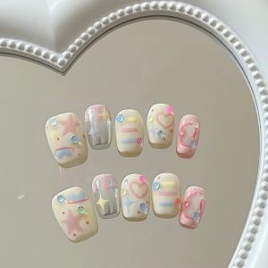 Dopamine Boosting Summer Fresh Macaron Hand Painted Heart Shaped Diamond Wearable Nail Art Patches Graffiti Star Design