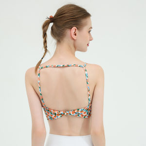 Korean Style Womens Yoga Top Printed High Elasticity Sports Fitness Tank Top with Chest Pad Quick Dry Long Tube Top Bra