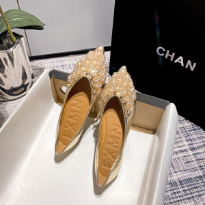 2025 New Style Womens Flat Bottom Single Shoes Pointed Toe Soft Sole Low Heel Fashionable Diamond Embellished Slip-On Shoes
