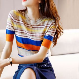 LUCKIN STORE Womens Rainbow Stripe Knit T-shirt Bottom Shirt Short Sleeve Thin Top 2023 Summer New T-shirt