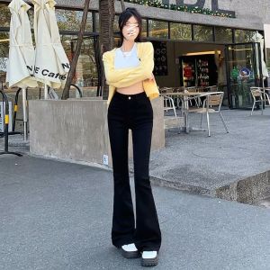 High Waist Flared Jeans Womens Fleece Lined Thickened American Style High Street Drapey Floor Length Pants Casual Denim