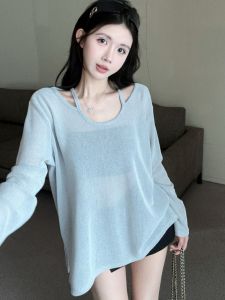 GUZILIAN | เสื้อยืดแขนยาวผ้าไหมน้ำแข็งกันแดดหลวมๆ สำหรับผู้หญิง ทรงหลวม ทรงเข้ารูป ทรงเข้ารูป สีพื้น เสื้อแฟชั่นฤดูร้อน