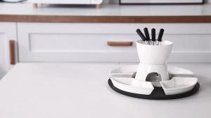 ช็อกโกแลตฟองดูหม้อชุดหม้อเซรามิคเคลือบสีขาวชุดฟองดูช็อกโกแลตฟองดูหรือชีสฟองดู