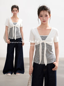 BAIDAIFEI | White Faux Two-Piece Striped Poncho T-Shirt