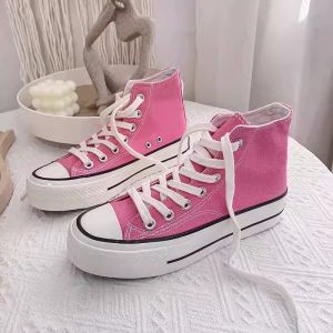 Womens High Top Canvas Shoes Pink Thick Bottom Heightening Summer New Style Hong Kong Retro Casual Versatile Student Slip-ons