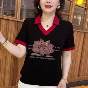 HUAXUNRAN | Casual Short Sleeve T-shirt with Turn-down Collar and Rhinestones for Women