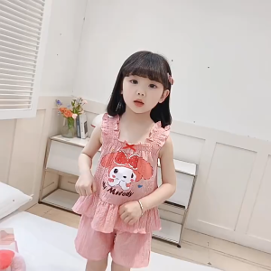 Girls Summer Thin Pajamas Suit Sleepwear Sleeveless Top+Shorts Cartoon Pattern Kulomi Yuguigou Meileti Pajama Set Cool Comfortable 120-150CM