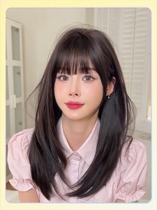 Hot sales in Japan and South Korea Shoulder Length Straight Dark Brown Wig with Neat Bangs Inner Buttons Innocent and lovely Wig