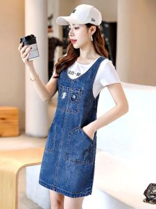 ชุดเดรสยีนส์ทรงเอเข้ารูปสำหรับผู้หญิง เดรสยาวคลุมเข่าแขนกุด ผ้าฝ้ายผสมโพลีเอสเตอร์ ฤดูร้อน 2024