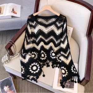 AIYITI | Plus Size Openwork Bohemian Fringe Striped Knit Blouse Ice Silk Sun Protection