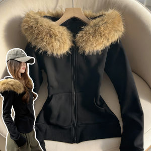 SUHUIQIAN | Hooded Slim Fit Brown Faux Fur Trim Polar Fleece Jacket Winter Ladies Sweater