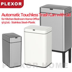Plexor Automatic Trash Can with Lid 9/13/20L Touchless Garbage Can Smart Motion Sensor Rubbish Can with Cover and Raise Foot Rectangular Stainless Steel Waste Basket for Kitchen Office Toilet Bedroom