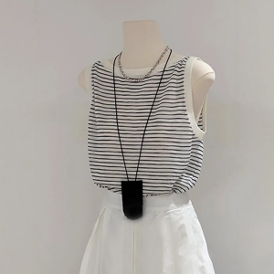 XIAOQIAOJIA | Áo ba lỗ không tay cổ tròn kẻ sọc thời trang mùa hè cho nữ Áo ngắn đơn giản phong cách Hàn Quốc Áo ba lỗ không tay thời trang