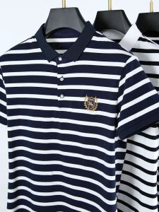 2024 nam mùa hè Của Thời Trang Cao Cấp Lỏng Giản Dị Tinh Khiết Bông Sọc Kinh Doanh đơn giản và đa năng Polo Cổ Áo phông ngắn tay