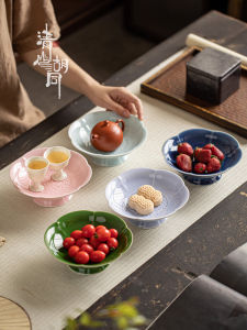 Chinese Zen Style Ceramic High Footed Tray Fruit Nut Dish Elegant Cloud Pattern Dessert Plate Home Use Handmade Fruit Plate