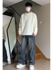 Cleanfit White round Neck Knitwear Mens Loose Fitting Overhead Base Layer Trendy Brand Casual Long Sleeve Polyester Blend