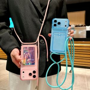 Transparent Slot Card Holder Lanyard Soft Case For iPhone 17 Air 16 14 15 13 12 11 Pro Max Plus XS XR Necklace Strap Soft Cover