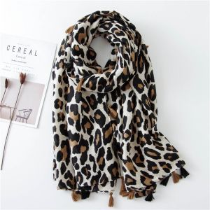 Ladies Long Leopard Print Cotton Linen Scarf Versatile Spring Autumn Winter Fashionable Womens Wrap Shawl Versatile Accessory